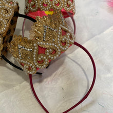 Load image into Gallery viewer, A beautiful Gold and pearl crown.  In gold, flat ivory pearls. perched on top of a flexible Alice band.

